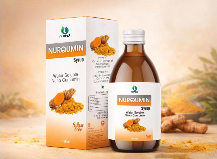 Nurqumin syrup bottle and box featuring water soluble nano curcumin by Nukind Healthcare