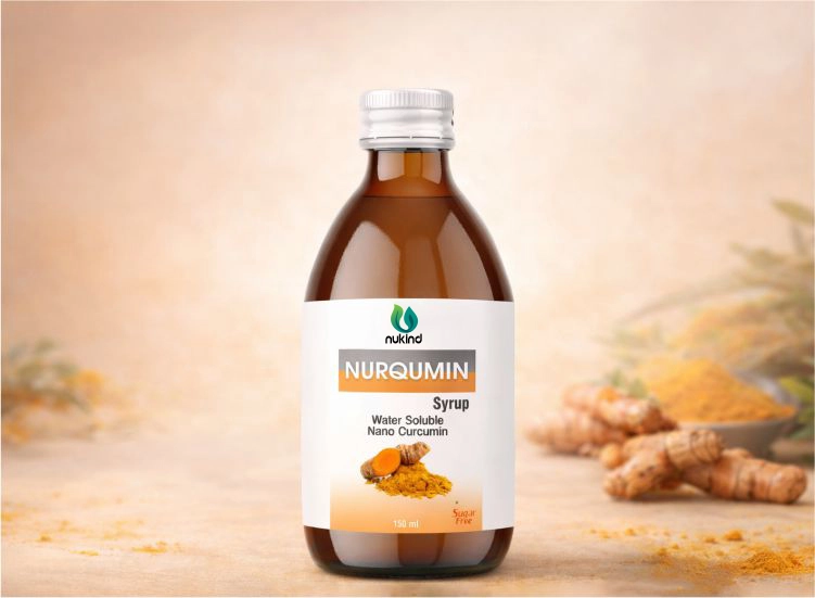Front view of Nurqumin water soluble nano curcumin syrup packaging with turmeric visual.