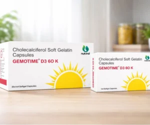 Gemotime D3 60K cholecalciferol soft gelatin capsules packaging by Nukind Healthcare.