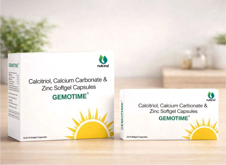 Gemotime capsules packaging showing calcitriol, calcium carbonate, and zinc softgel capsules by Nukind Healthcare.