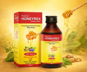 Nukind HONEYREX cough syrup bottle and box with honey-based herbal formula.