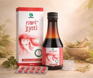 Nari Jyoti women’s health tonic bottle and box with Ayurvedic herbal ingredients.