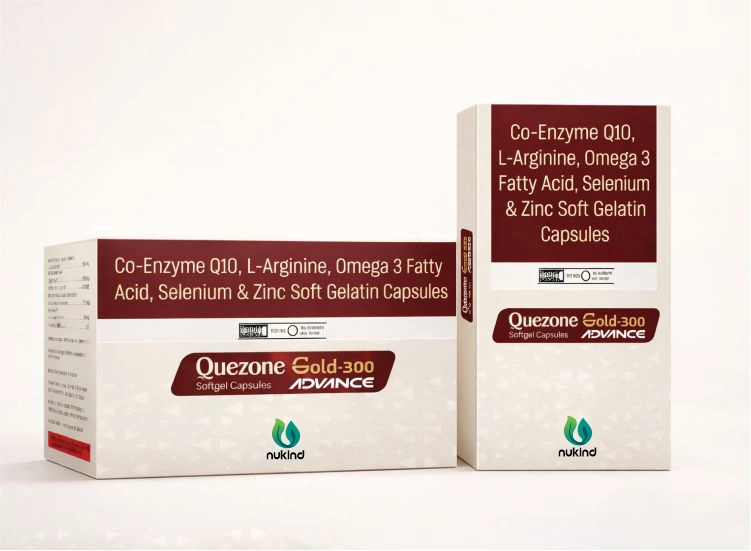 Quezone Gold-300 Advance softgel capsules packaging by Nukind Healthcare with Co-Enzyme Q10 and Omega-3 formulation