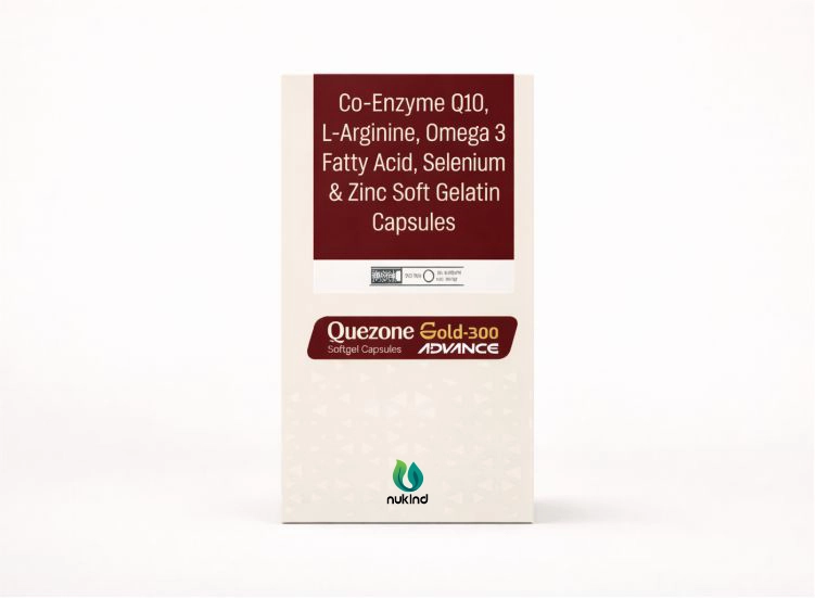 Quezone Gold-300 Advance softgel capsules box designed for antioxidant and nutritional support.