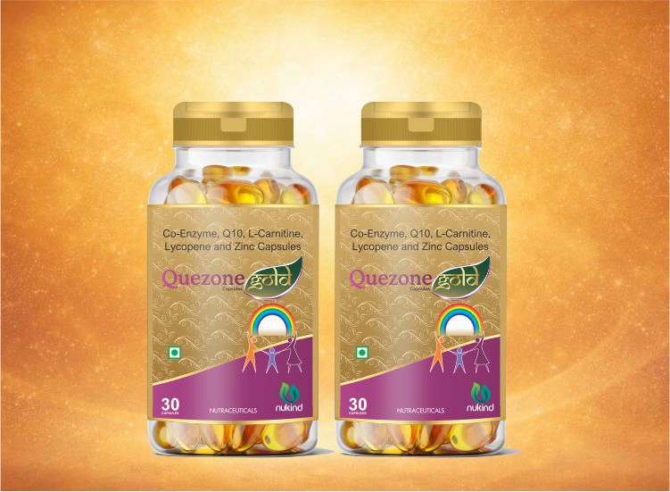 Quezone Gold capsules bottle containing Co-Enzyme Q10, L-Carnitine, Lycopene and Zinc by Nukind Healthcare.