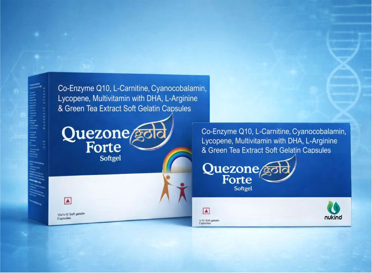 Quezone Gold Forte softgel capsules box by Nukind Healthcare with multivitamin, Co-Enzyme Q10 and DHA formulation