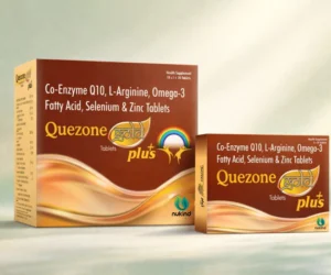Quezone Gold Plus tablets box by Nukind Healthcare with Co-Enzyme Q10, L-Arginine, Omega-3, Selenium and Zinc.