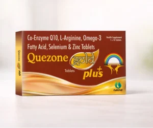 Quezone Gold Plus tablets packaging showing advanced antioxidant and nutritional support formulation.