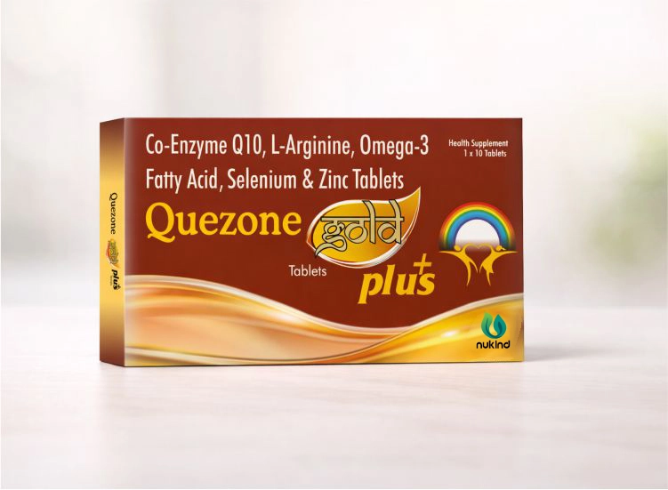 Quezone Gold Plus tablets packaging showing advanced antioxidant and nutritional support formulation.