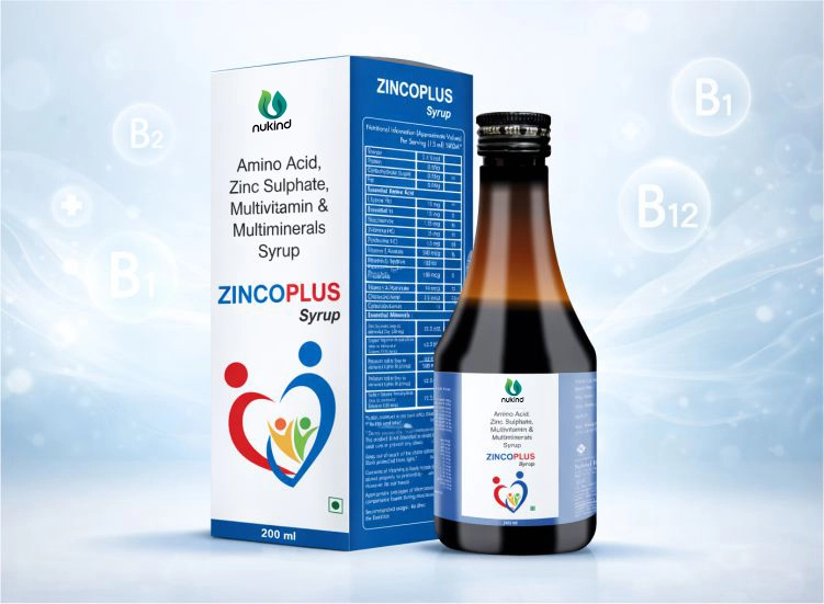 Nukind ZINCOPLUS multivitamin and zinc syrup 200 ml shown on a medical blue background