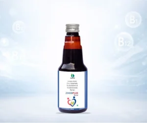 ZINCOPLUS syrup bottle by Nukind Healthcare containing amino acids, zinc sulphate and multivitamins