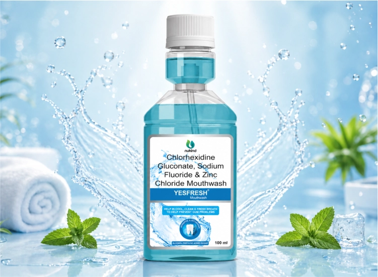 Alcohol-free YESFRESH Mouthwash bottle designed for enamel strengthening, oral cleanliness, and long-lasting freshness.