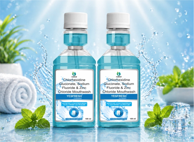 YESFRESH Mouthwash for daily oral hygiene with Chlorhexidine, Sodium Fluoride, and Zinc Chloride for antibacterial protection and fresh breath support.